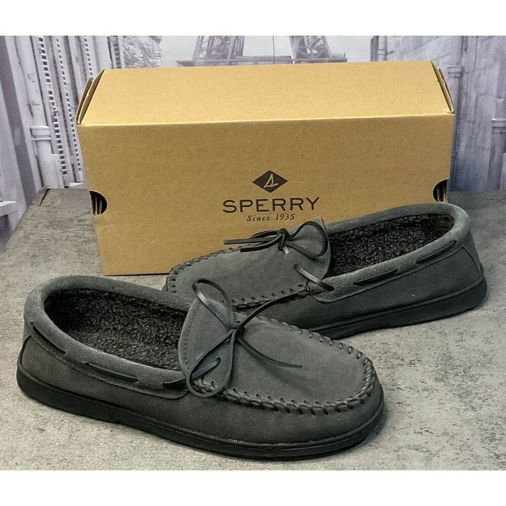 Sperry Mens Trapper Moccasin Slippers w/ Rawhide Leather Lacing Charcoal 10 M